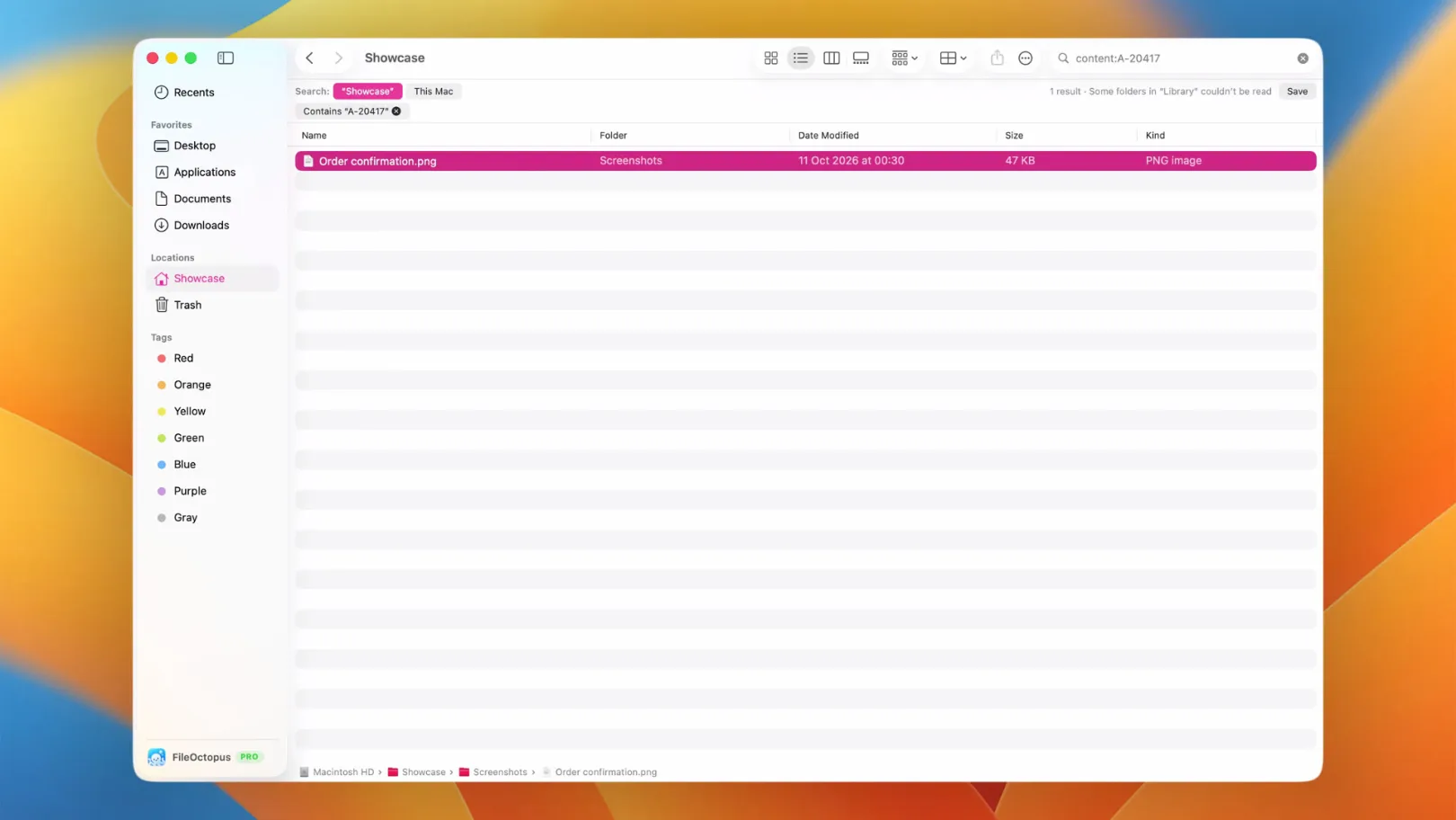 FileOctopus finding a screenshot named Order confirmation by the order number shown in the image.
