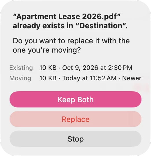 FileOctopus asking what to do because “Apartment Lease 2026.pdf” already exists in “Destination”: each version’s size and date, the incoming one marked Newer, and Keep Both, Replace and Stop buttons