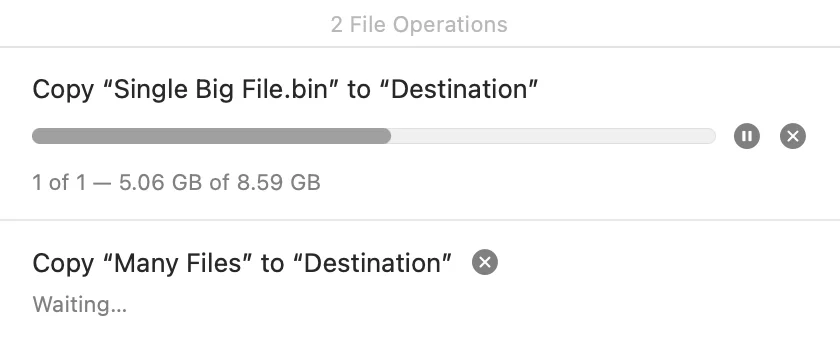 The FileOctopus operations panel: an 8.59 GB copy in progress with Pause and Stop buttons, and a second copy below it waiting its turn