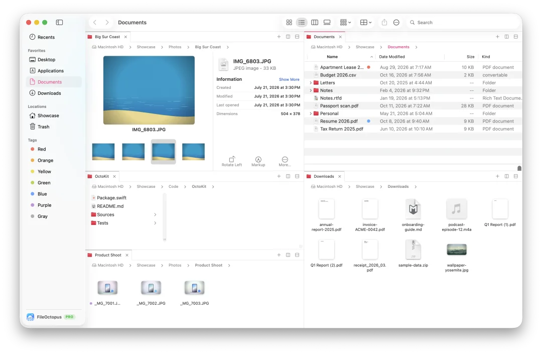 A FileOctopus window with several folders open in panes side by side.
