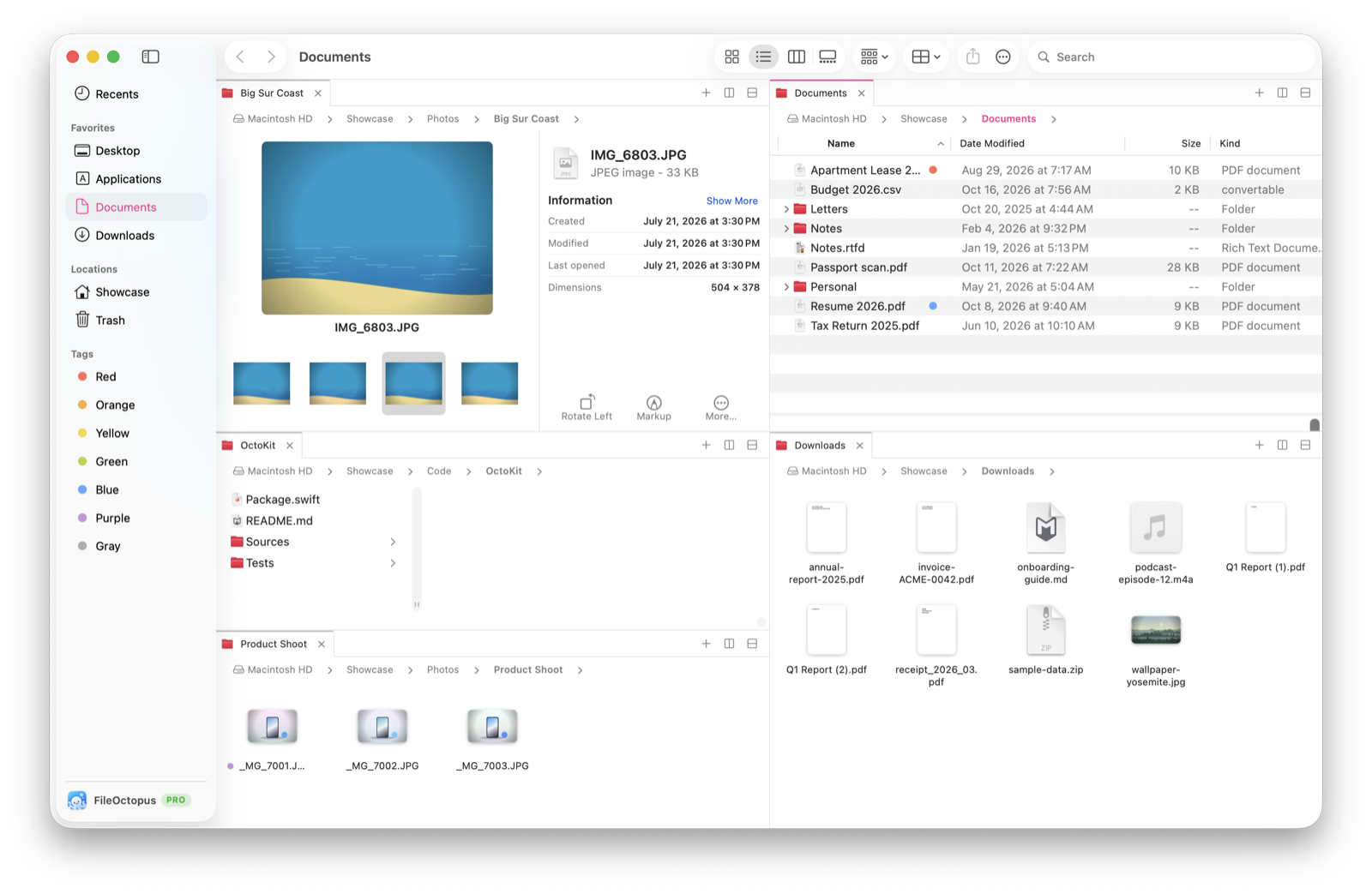 A FileOctopus window split into five panes: Big Sur Coast photos in Gallery view with photo information, Documents in List view, the OctoKit project in Column view, Product Shoot photos in Icon view, and Downloads in Icon view